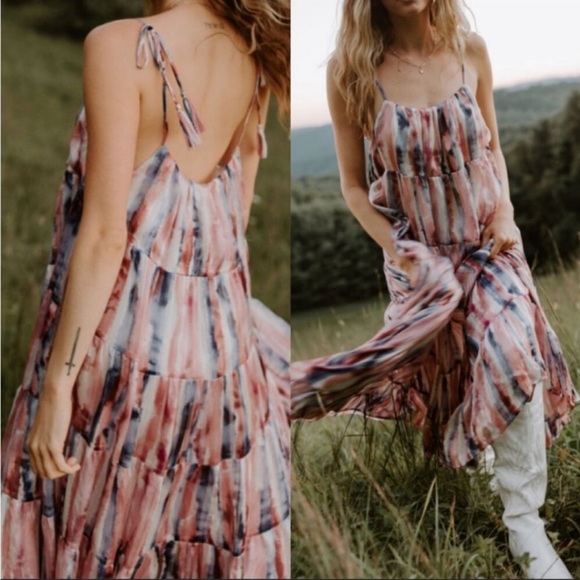 Storia Pink Gold Blue Stripes Flowy Midi Dress - Picture 4 of 4